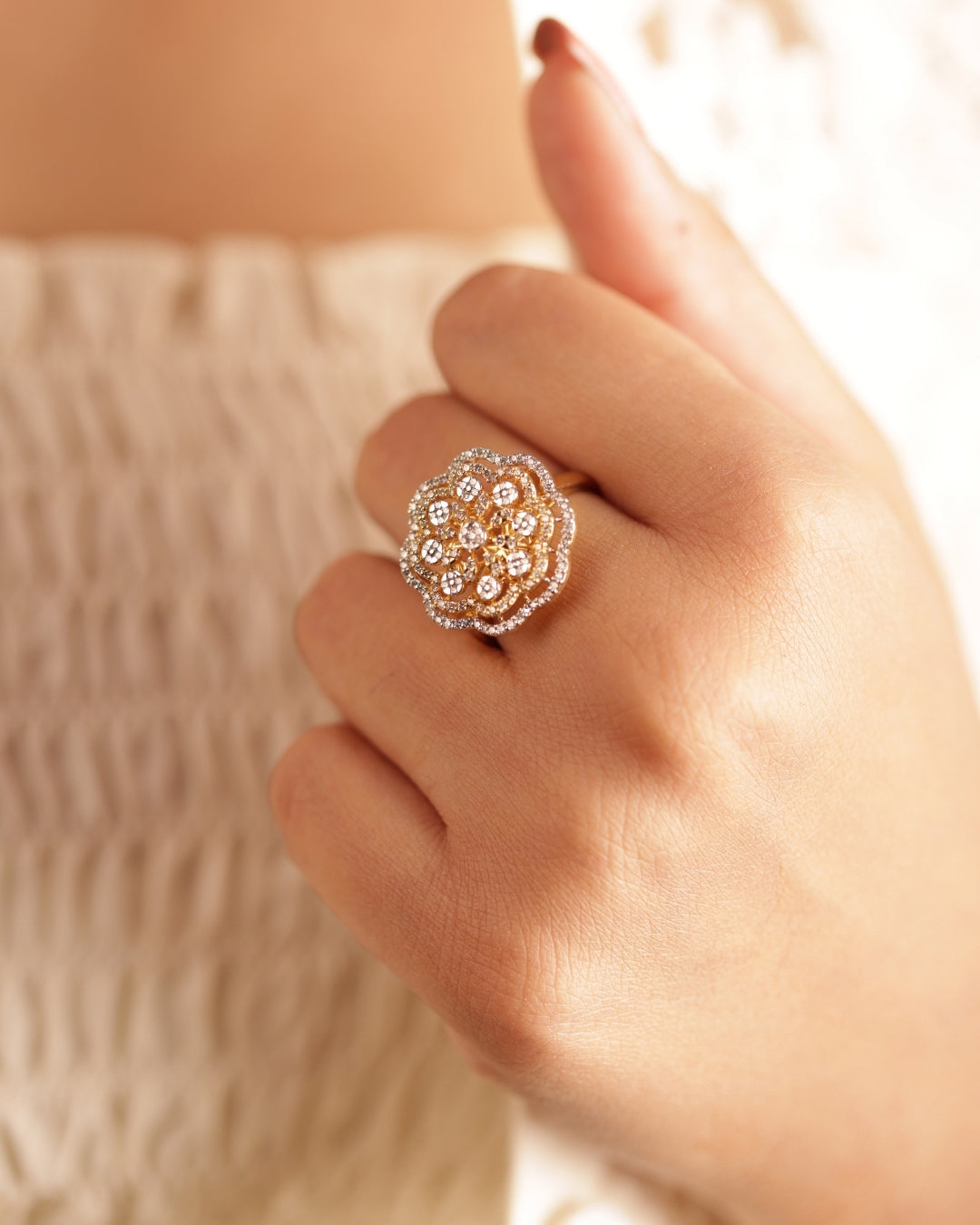 Luxurious Floral Diamond Ring (Free Size)